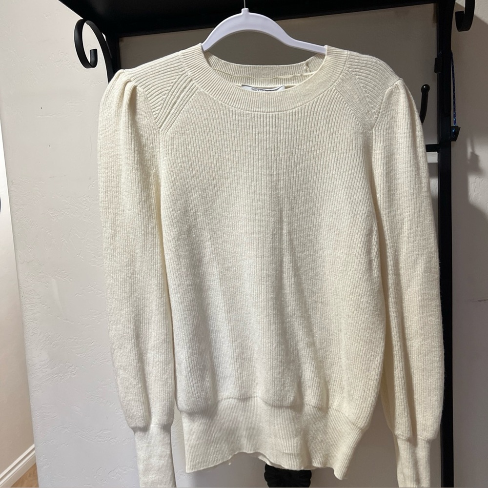 Gerard Darel 100% Wool Ribbed Knit Puff Shoulder Sweater Ivory S 1